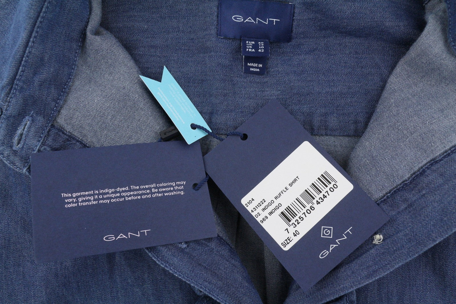 GANT Indigo Ruffle Women Shirt EU40 Indigo Half Button Spread Denim Look