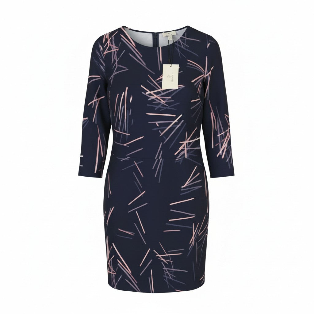 GANT Printed Pencil Women Dress EU42 Marine Round Neck Long Sleeve Knee-Length