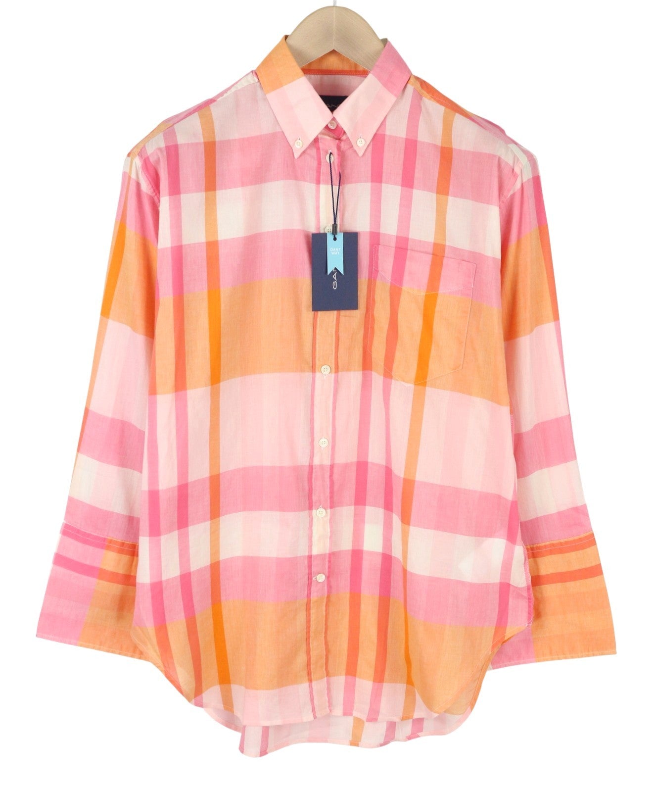 GANT Rel Wide Cuff Madras Women Shirt EU40 Preppy Pink Button-Up Oversized