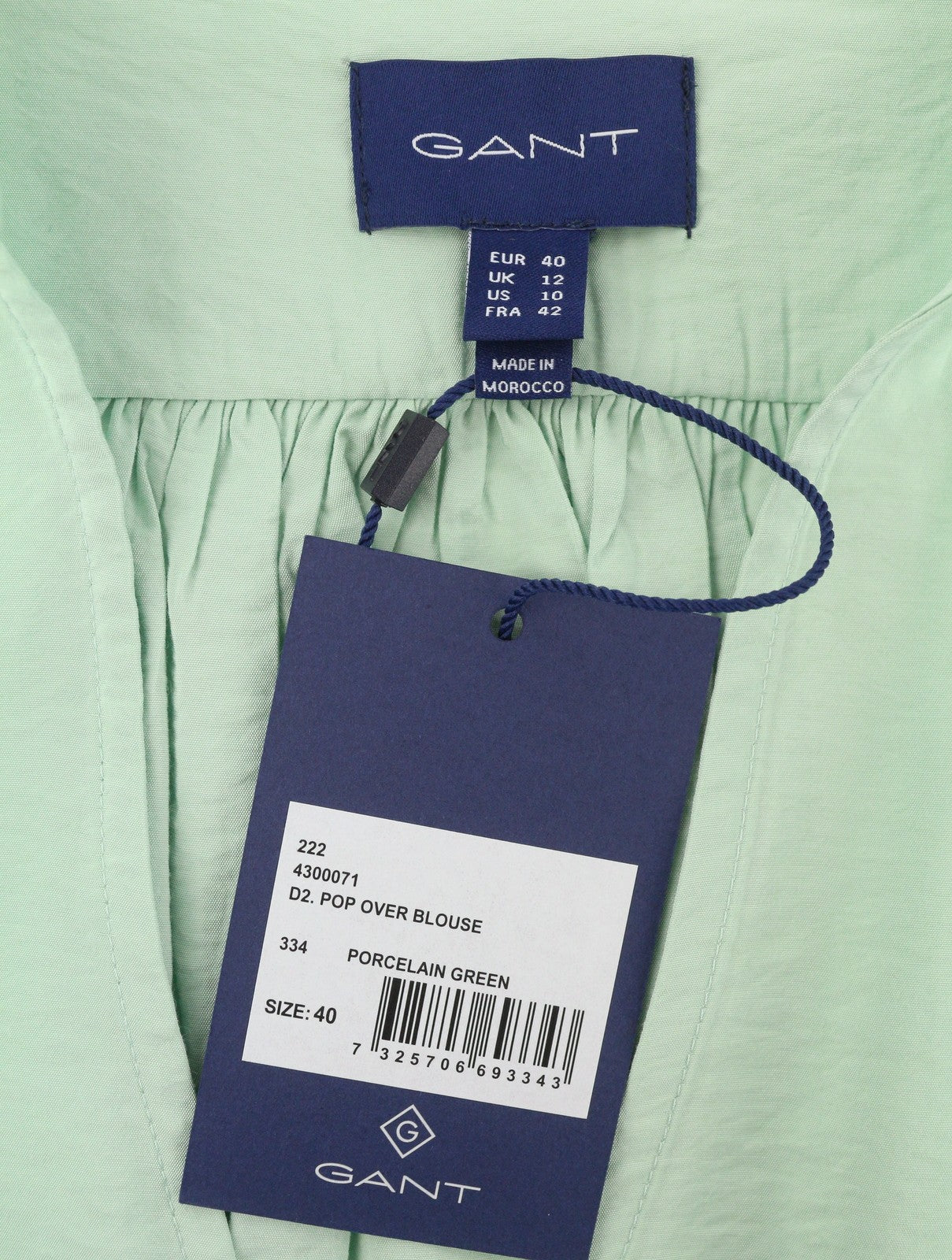 GANT Pop Over Women Blouse EU40 Porcelain Green V-Neck Ties Relaxed 3/4 Sleeves