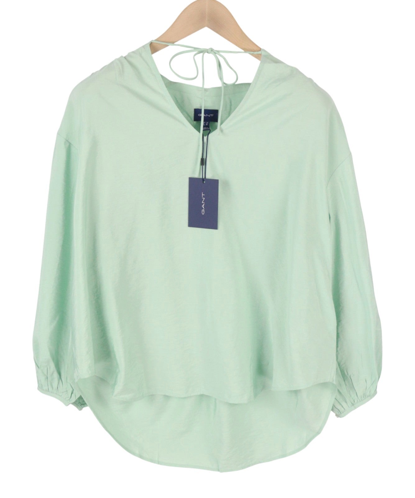 GANT Pop Over Women Blouse EU38 Porcelain Green V-Neck Ties Relaxed 3/4 Sleeves