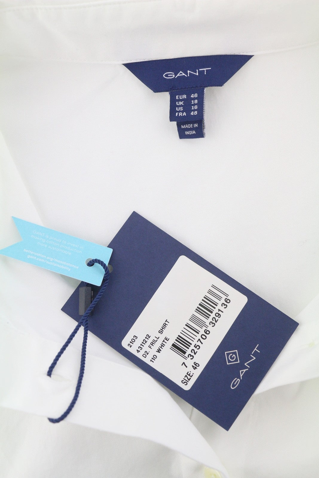 GANT Frill Women Shirt EU46 White Oxford Ruffle Button-Up Spread Neck