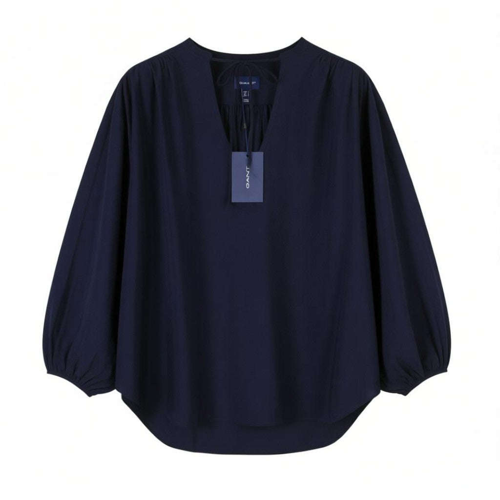 GANT Pop Over Women Blouse EU44 Classic Blue V-Neck Ties Relaxed 3/4 Sleeves