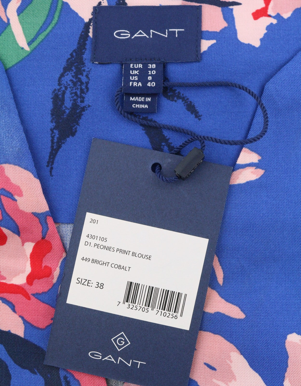 GANT Peonies Print Women Blouse EU38 Bright Cobalt V-Neck Floral Long Sleeve