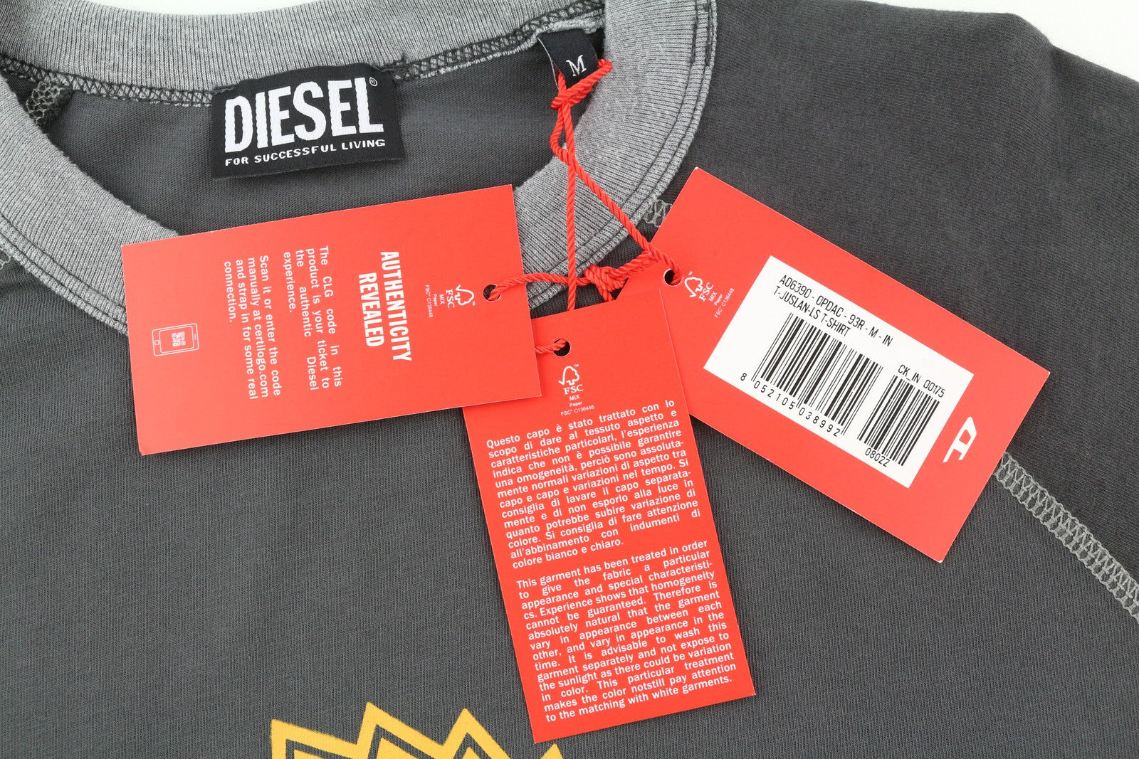 DIESEL T-Juslan-LS Men's T-Shirt M Grey Long Sleeve Tricot