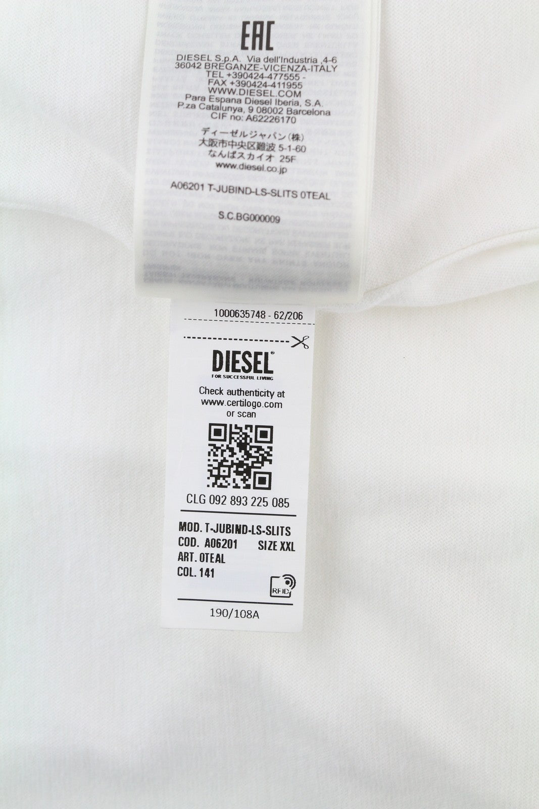 DIESEL T-Jubind-LS-Slits Men's T-Shirt 2XL White Long Sleeve Tricot