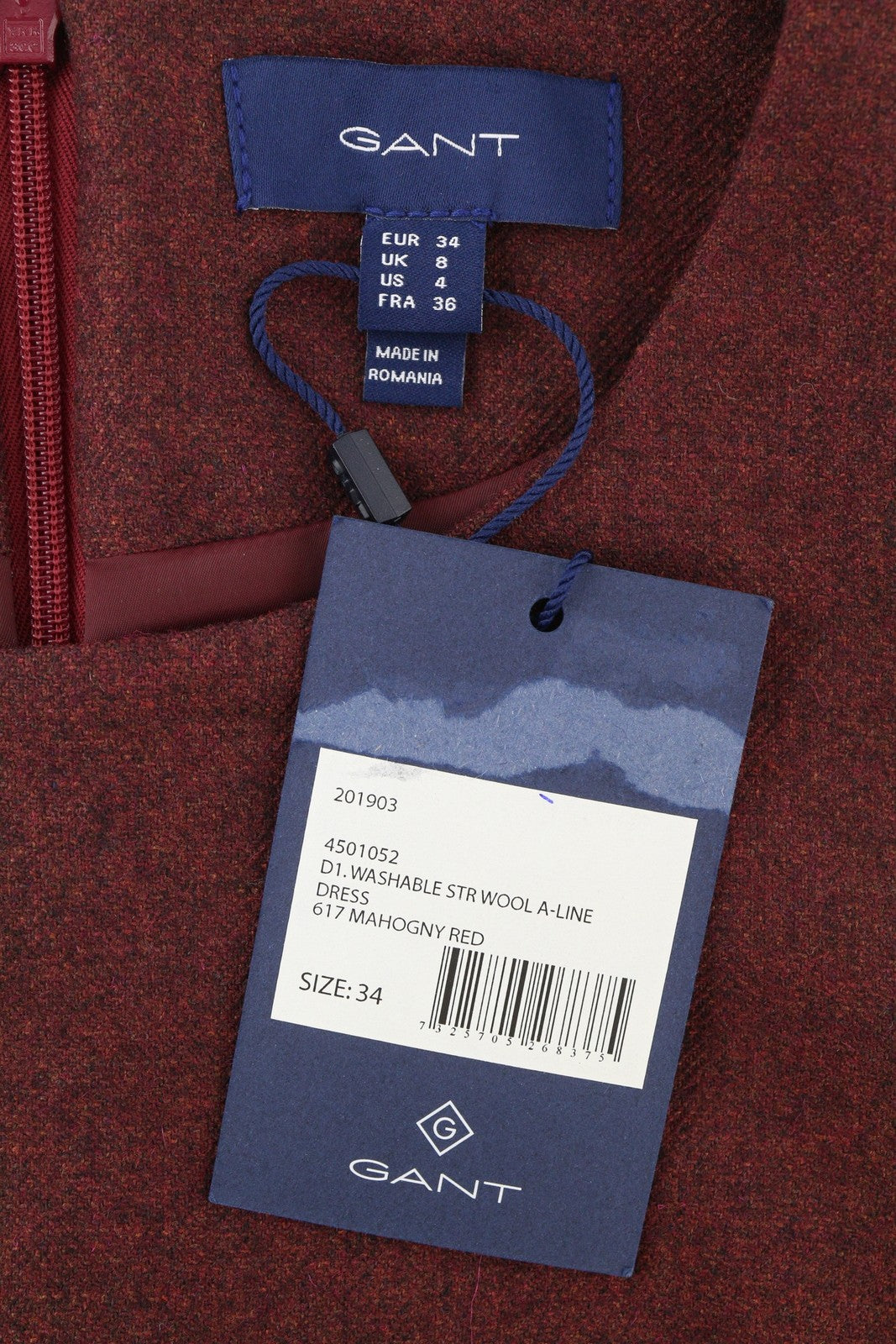 GANT Washable Str Wool A-Line Women's Dress EU34 Burgundy 3/4 Sleeve