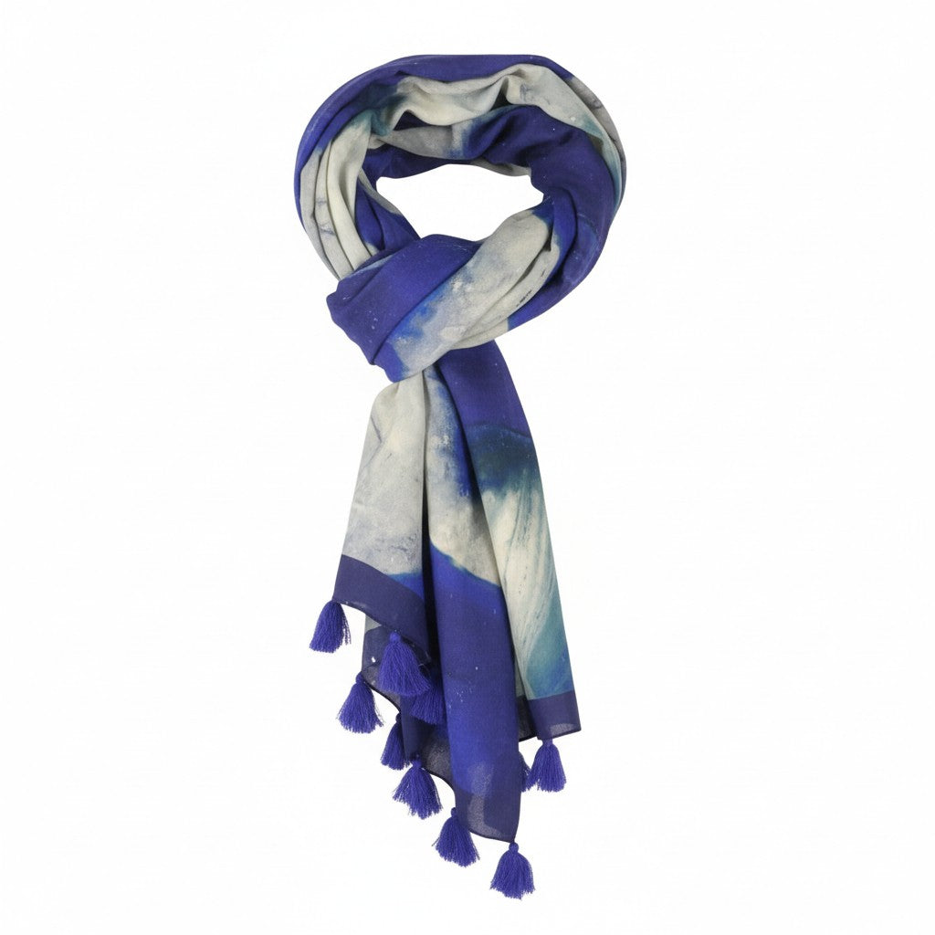 DESIGUAL Women Scarf OS Blue Cotton Artistic Print Foulard Fringe Details