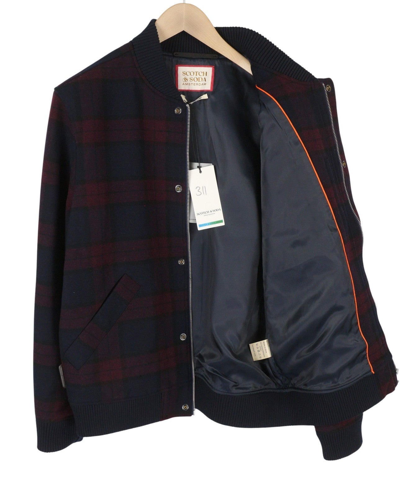 SCOTCH & SODA Men Jacket M Bordeaux Nigh Check Flannel Wool Blend Bomber