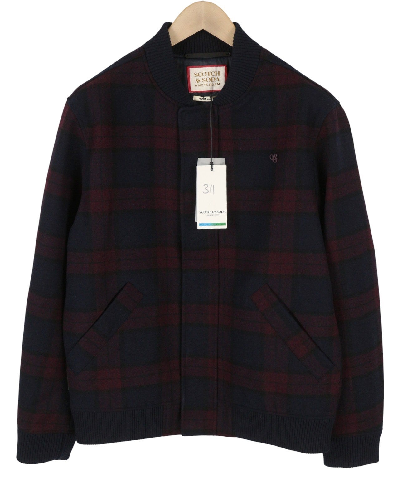 SCOTCH & SODA Men Jacket M Bordeaux Nigh Check Flannel Wool Blend Bomber