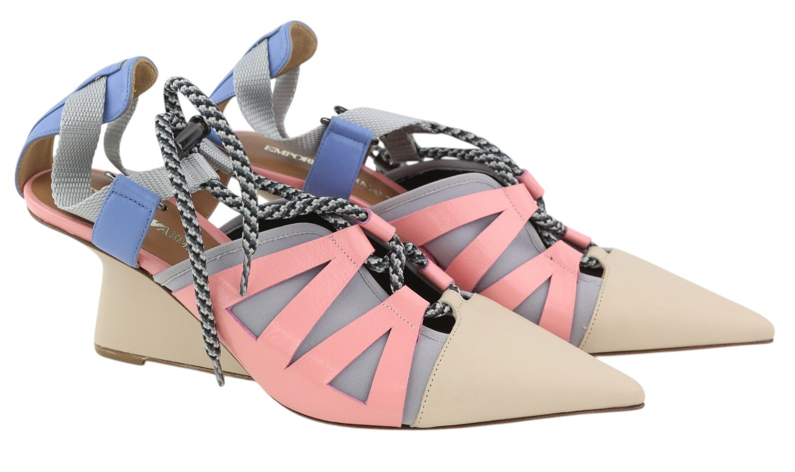 EMPORIO ARMANI Women Heels EU37 Beige Leather Green Drawstring Pumps