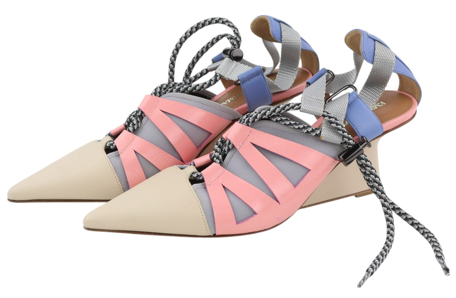 EMPORIO ARMANI Women Heels EU37 Beige Leather Green Drawstring Pumps