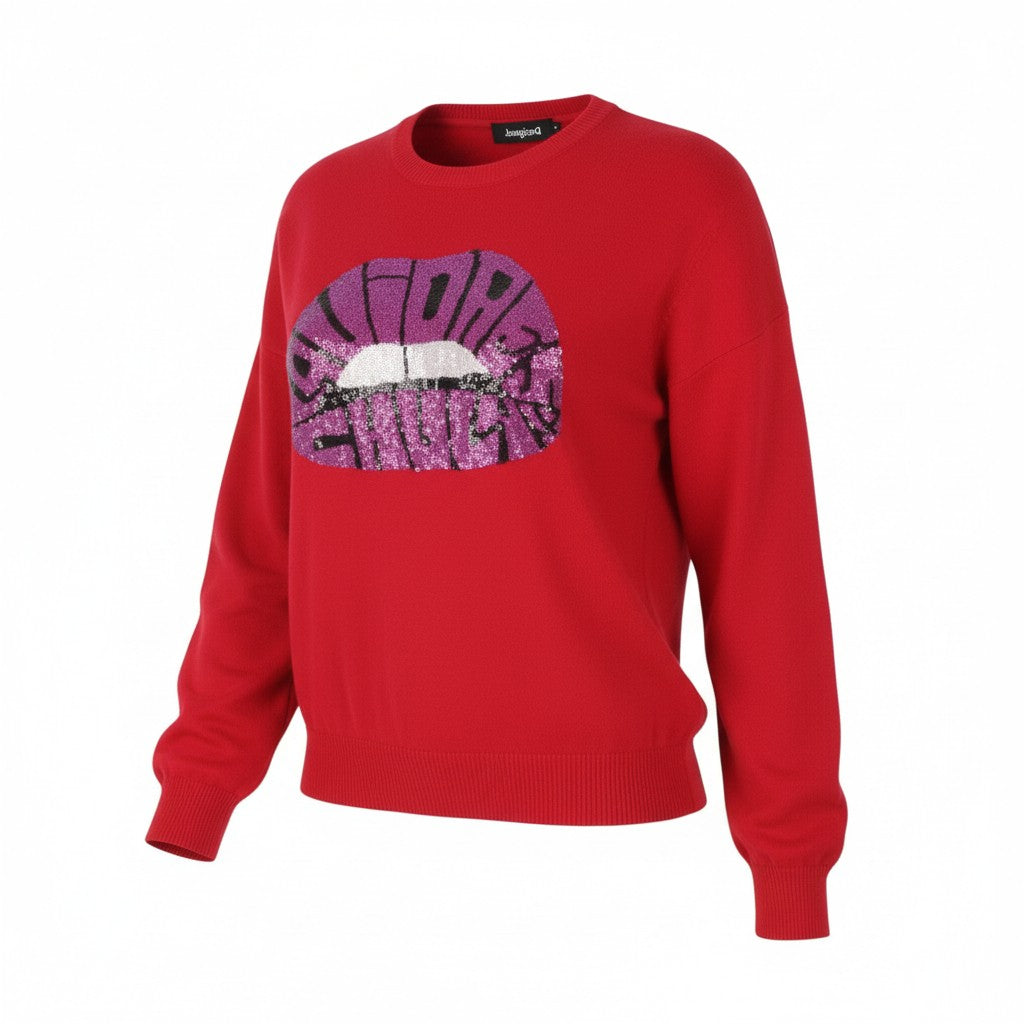 DESIGUAL Esopo Women Jumper XL Red Shiny Lip Print Tight-Knit Pullover