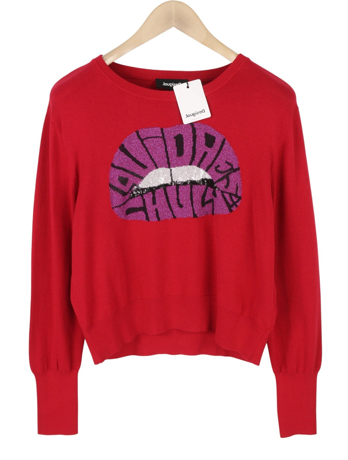 DESIGUAL Esopo Women Jumper XL Red Shiny Lip Print Tight-Knit Pullover
