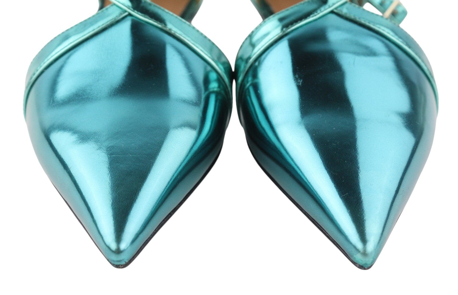 EMPORIO ARMANI Women Flats EU37 Blue Shiny Leather Strap Sandals