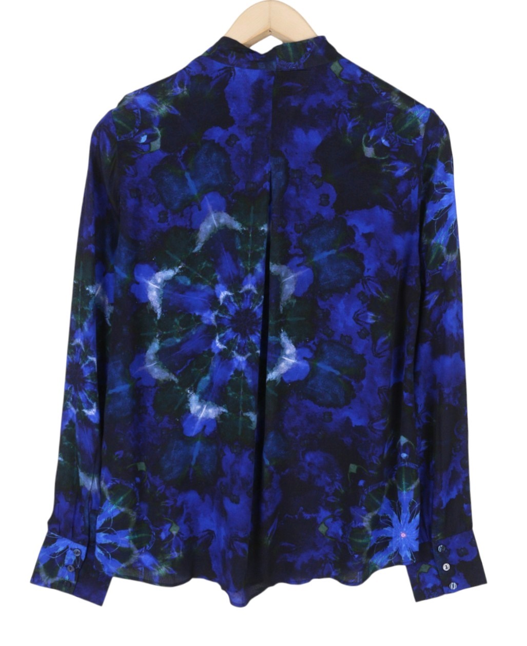 DESIGUAL Kency Women Blouse M Blue Tie-Dye Pattern Bow Tie Collar Long Sleeve