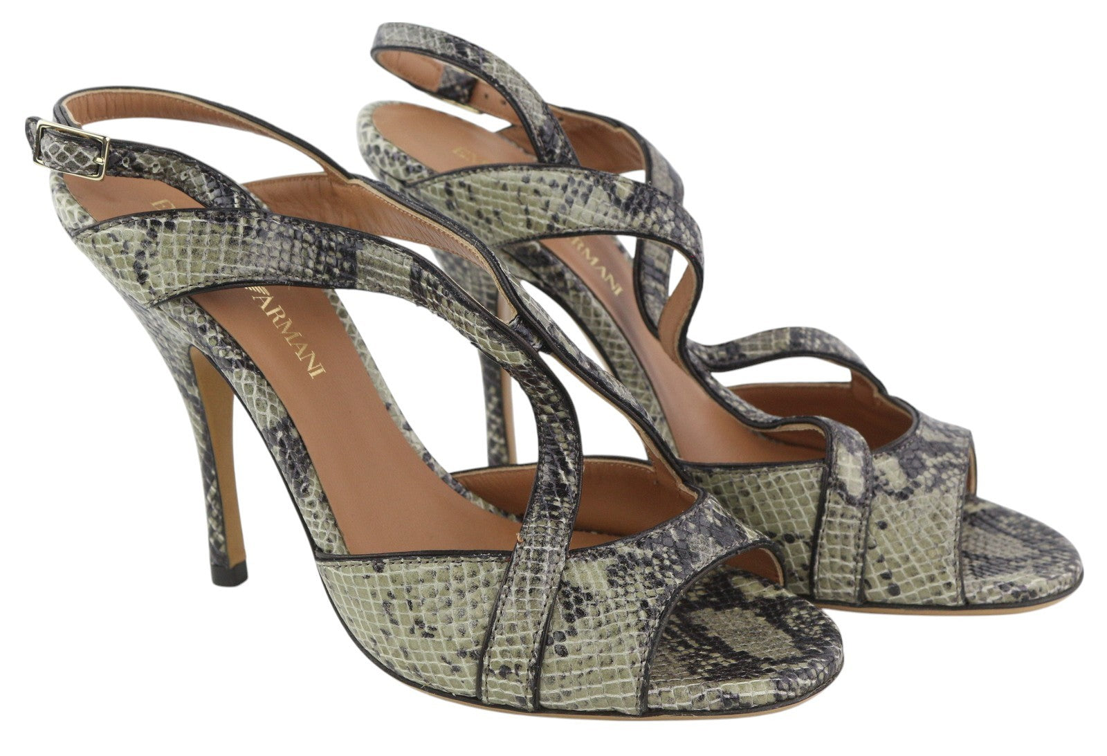 EMPORIO ARMANI Women Heels EU37 Green Snake Print Leather Buckle Sandals