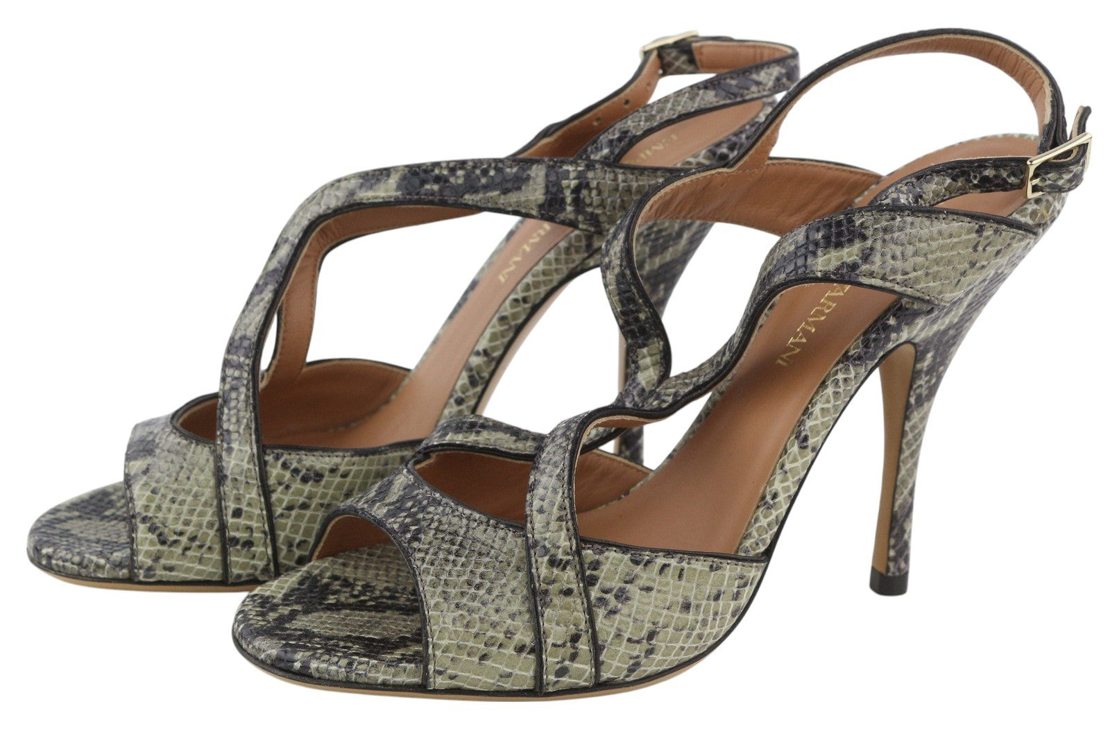 EMPORIO ARMANI Women Heels EU37 Green Snake Print Leather Buckle Sandals