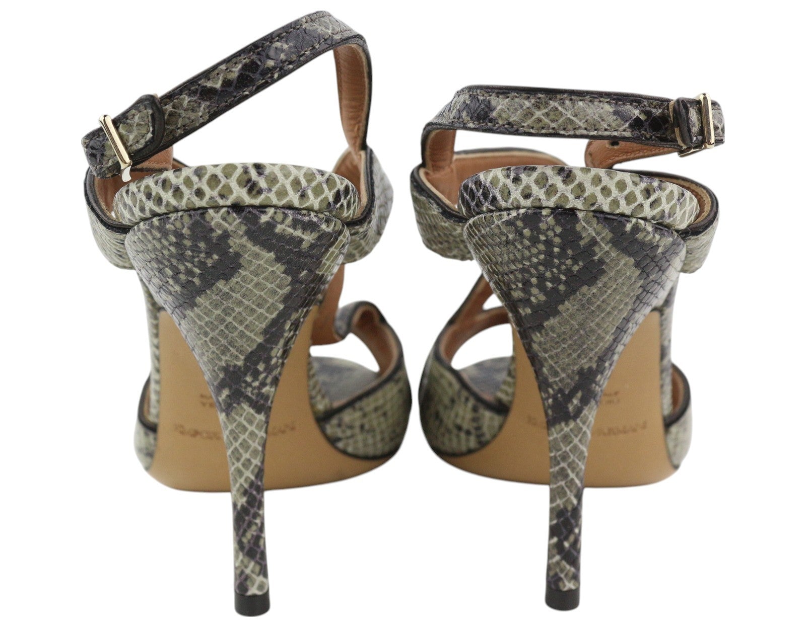 EMPORIO ARMANI Women Heels EU37 Green Snake Print Leather Buckle Sandals