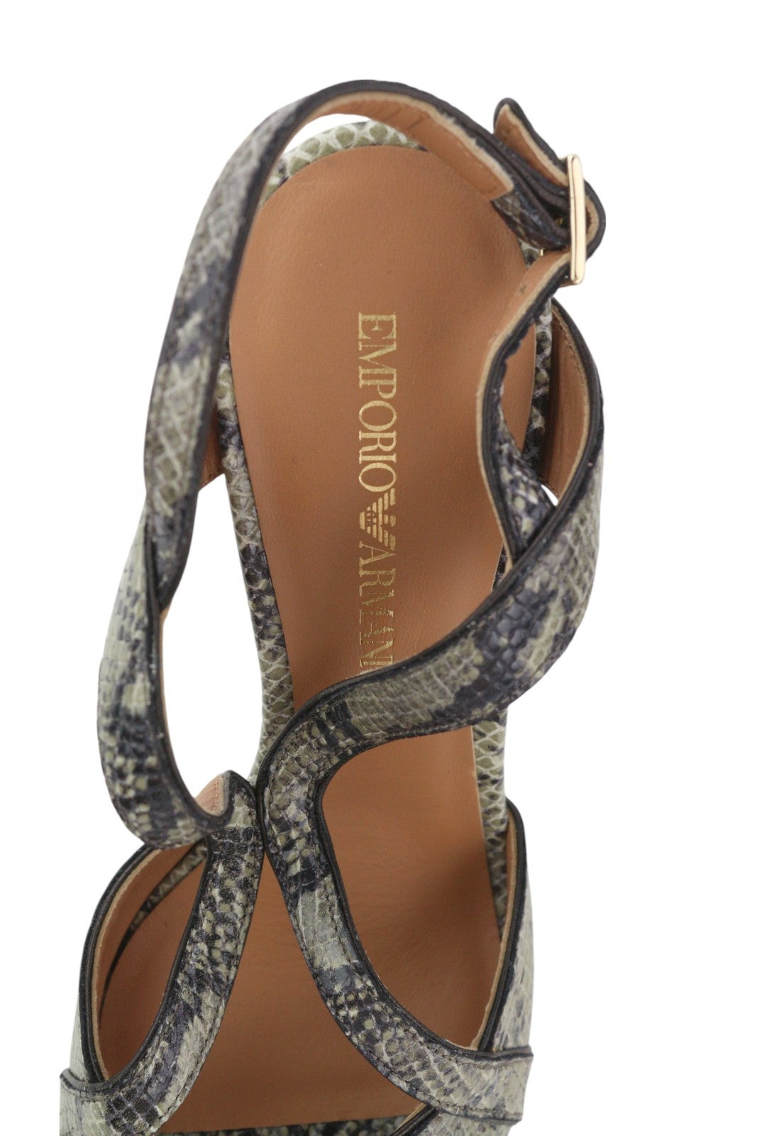EMPORIO ARMANI Women Heels EU37 Green Snake Print Leather Buckle Sandals