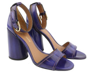 EMPORIO ARMANI Women Heels EU37 Purple Leather Block Heel Open Toe Sandals