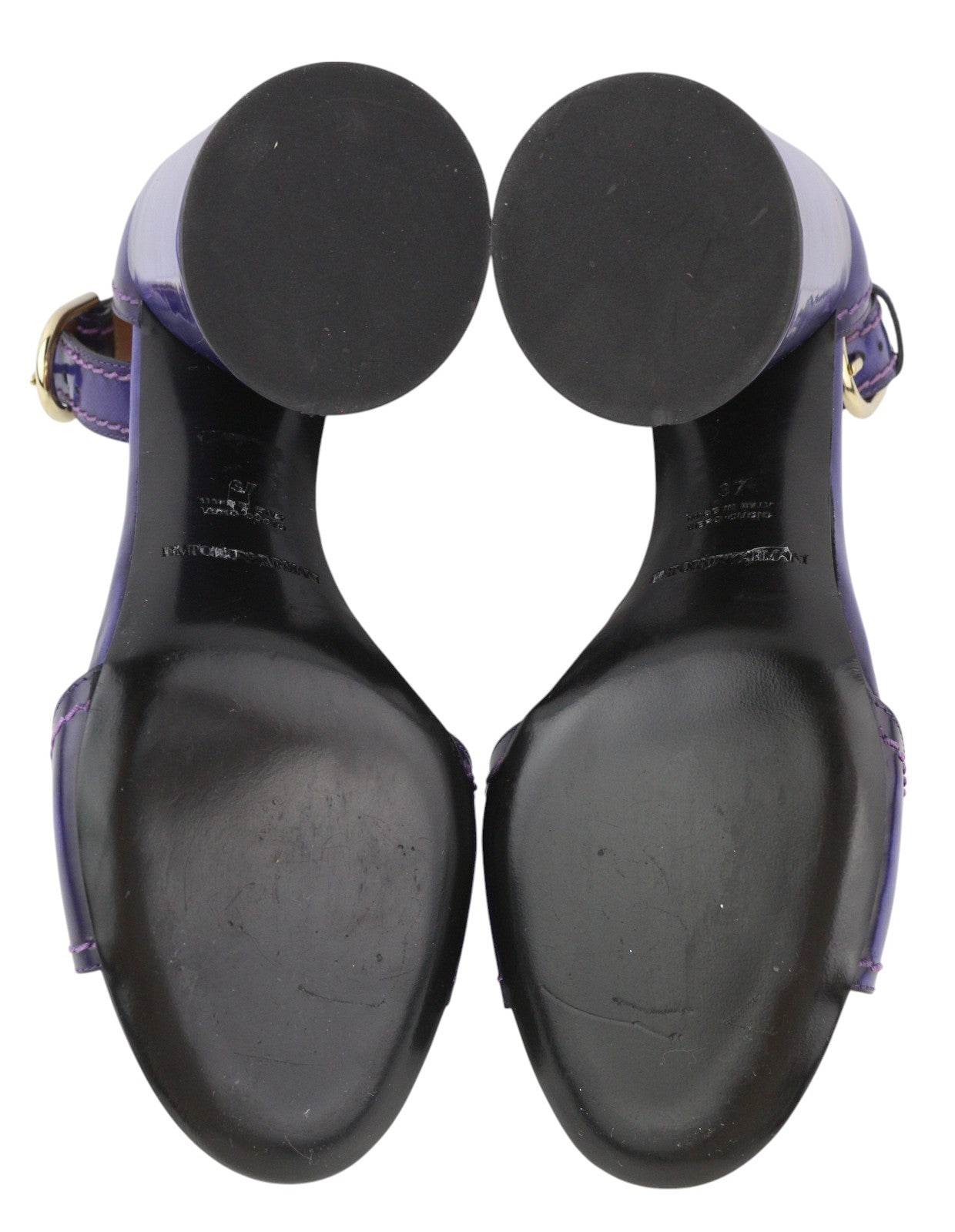 EMPORIO ARMANI Women Heels EU37 Purple Leather Block Heel Open Toe Sandals