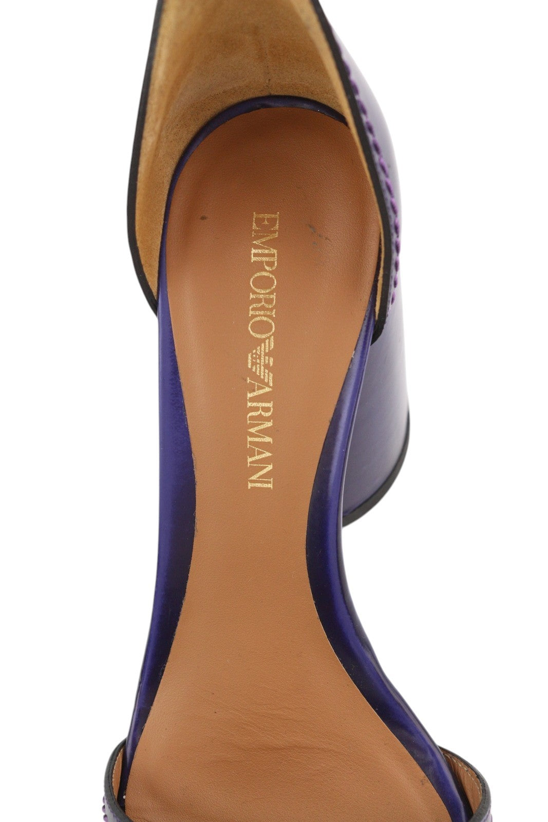 EMPORIO ARMANI Women Heels EU37 Purple Leather Block Heel Open Toe Sandals
