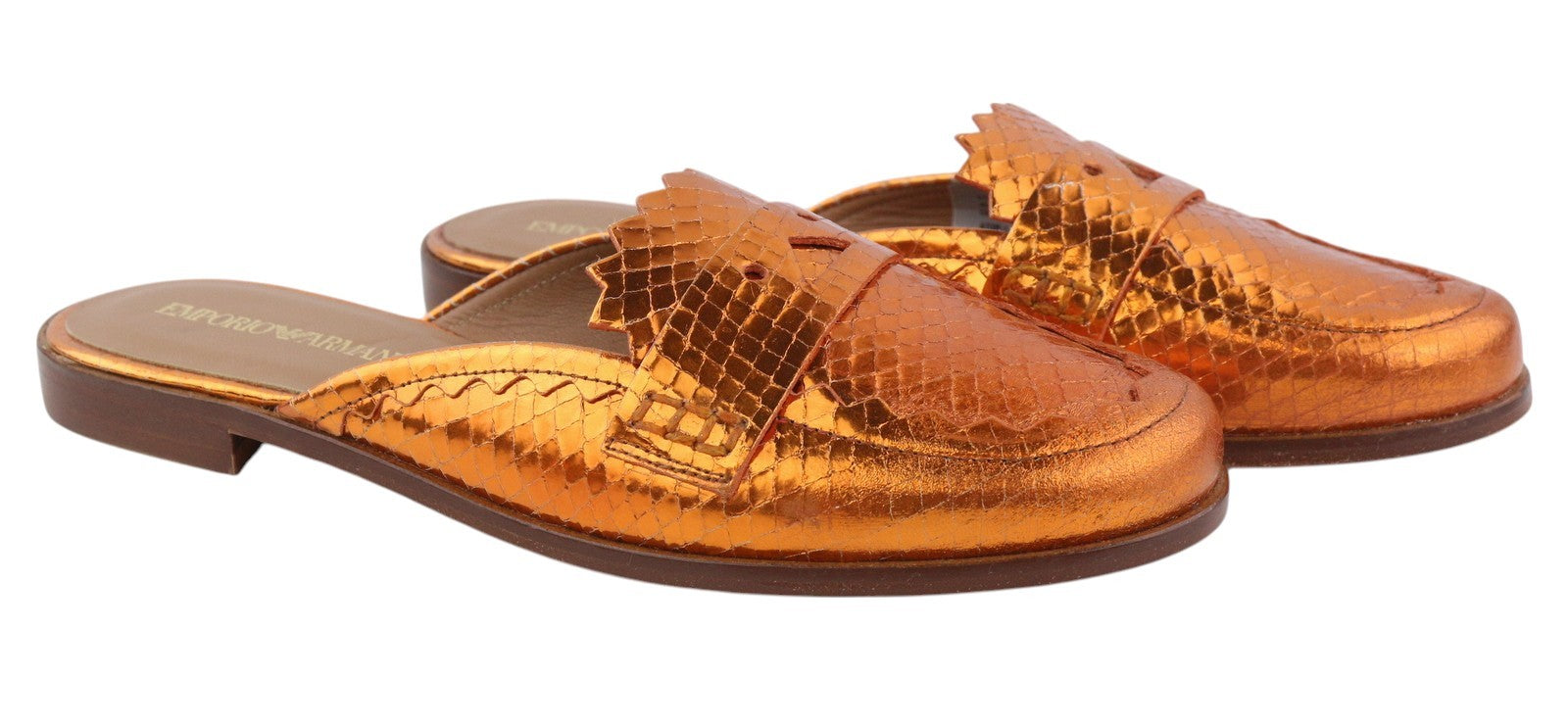 EMPORIO ARMANI X3A068 Women Flats EU37 Orange Shiny Leather Mule Sandals