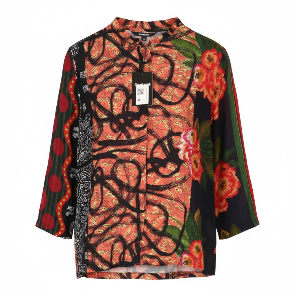 DESIGUAL Jenica Women Blouse 2XL Colourful Ethnic Button Roll-Up 3/4 Sleeve