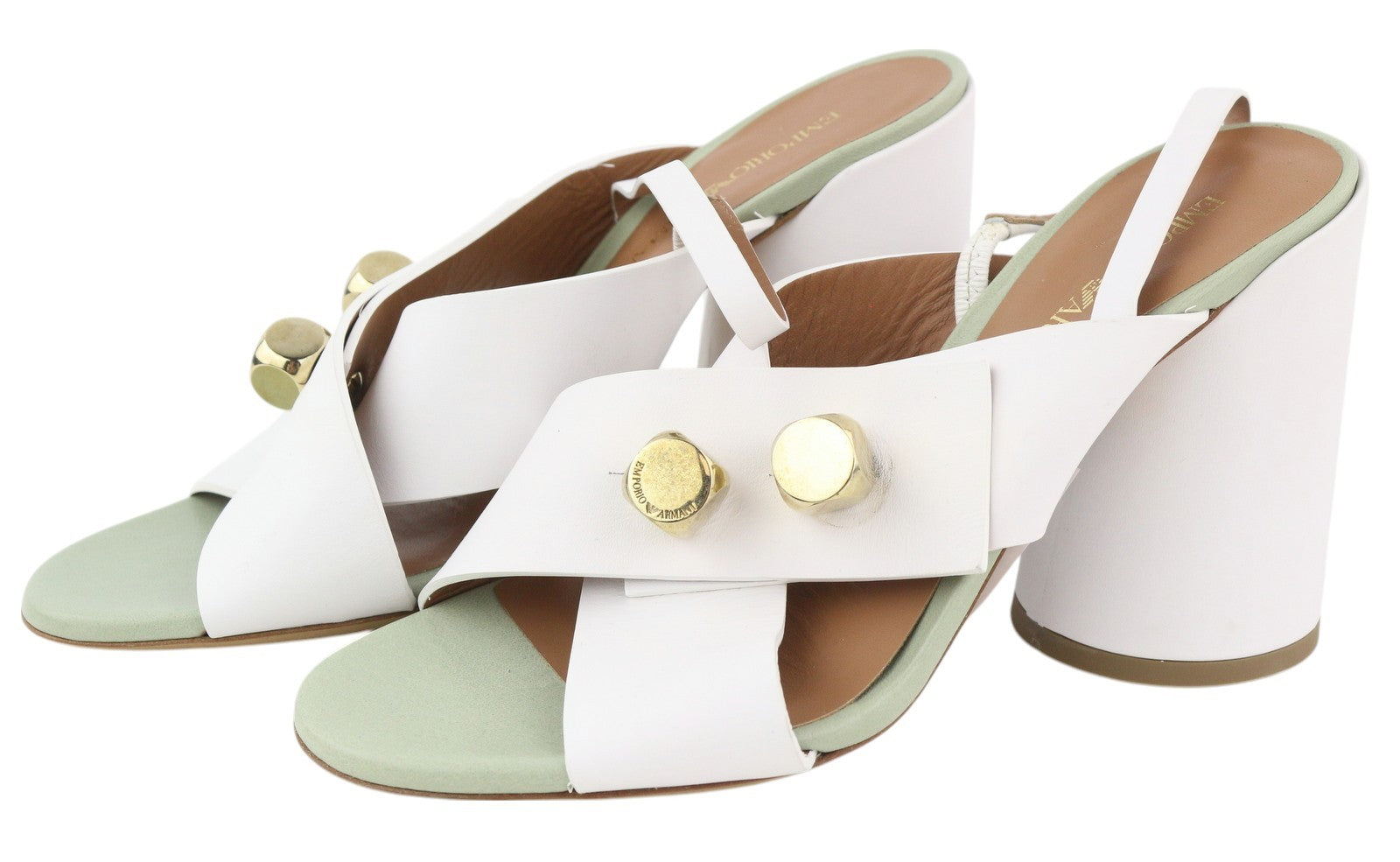 EMPORIO ARMANI X3P727 Women Heels EU37 White Leather Gold Detail Sandals