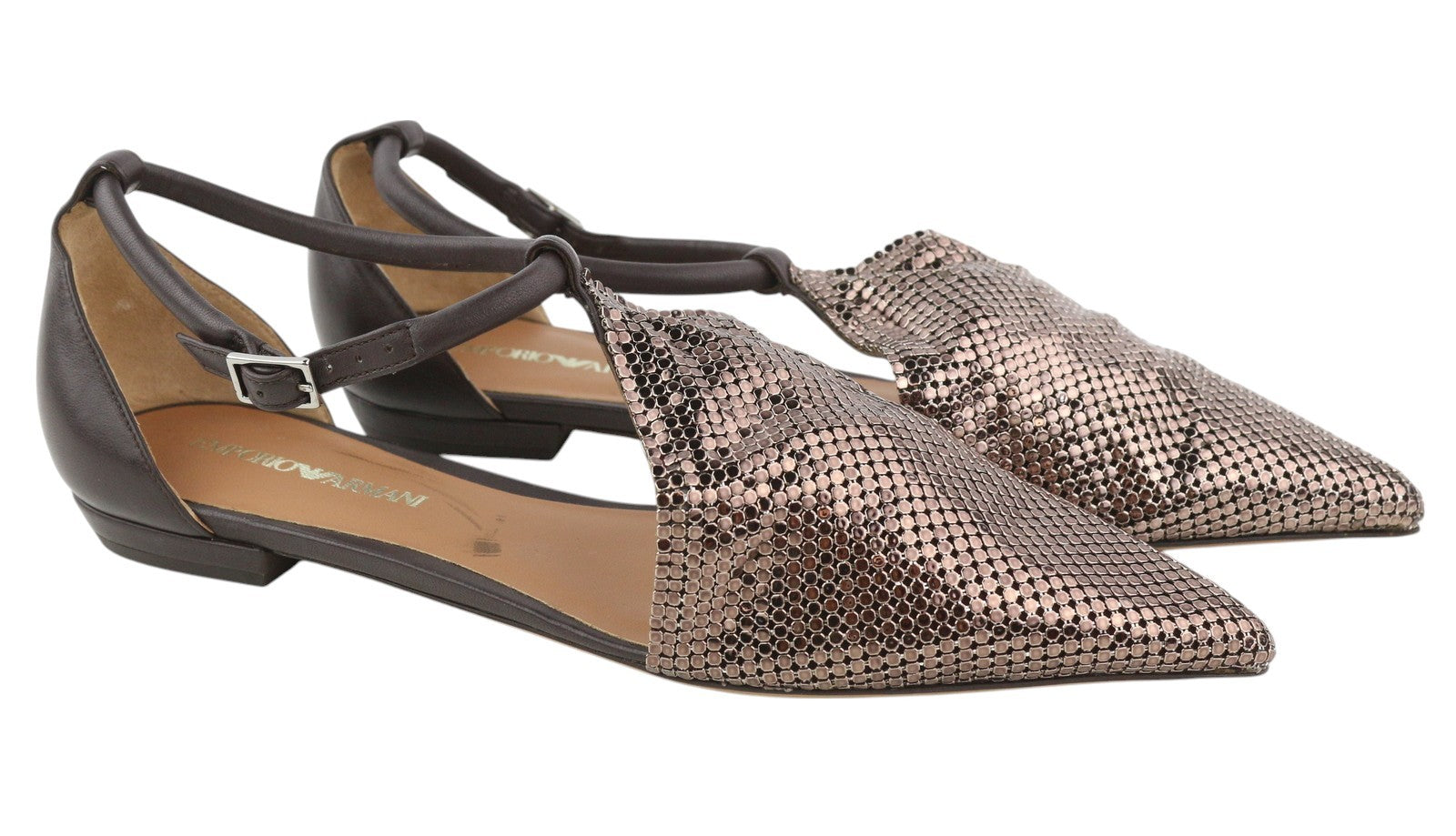 EMPORIO ARMANI X3D254 Women Flats EU37 Brown Shiny Pointed Toe Ballerina