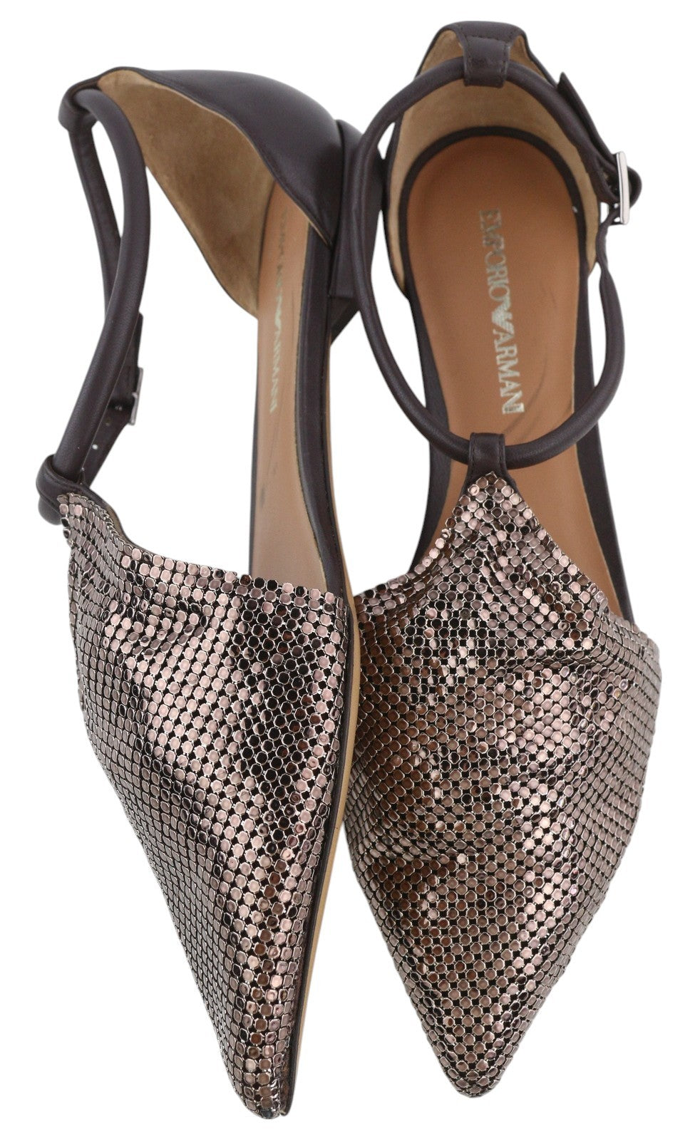 EMPORIO ARMANI X3D254 Women Flats EU37 Brown Shiny Pointed Toe Ballerina