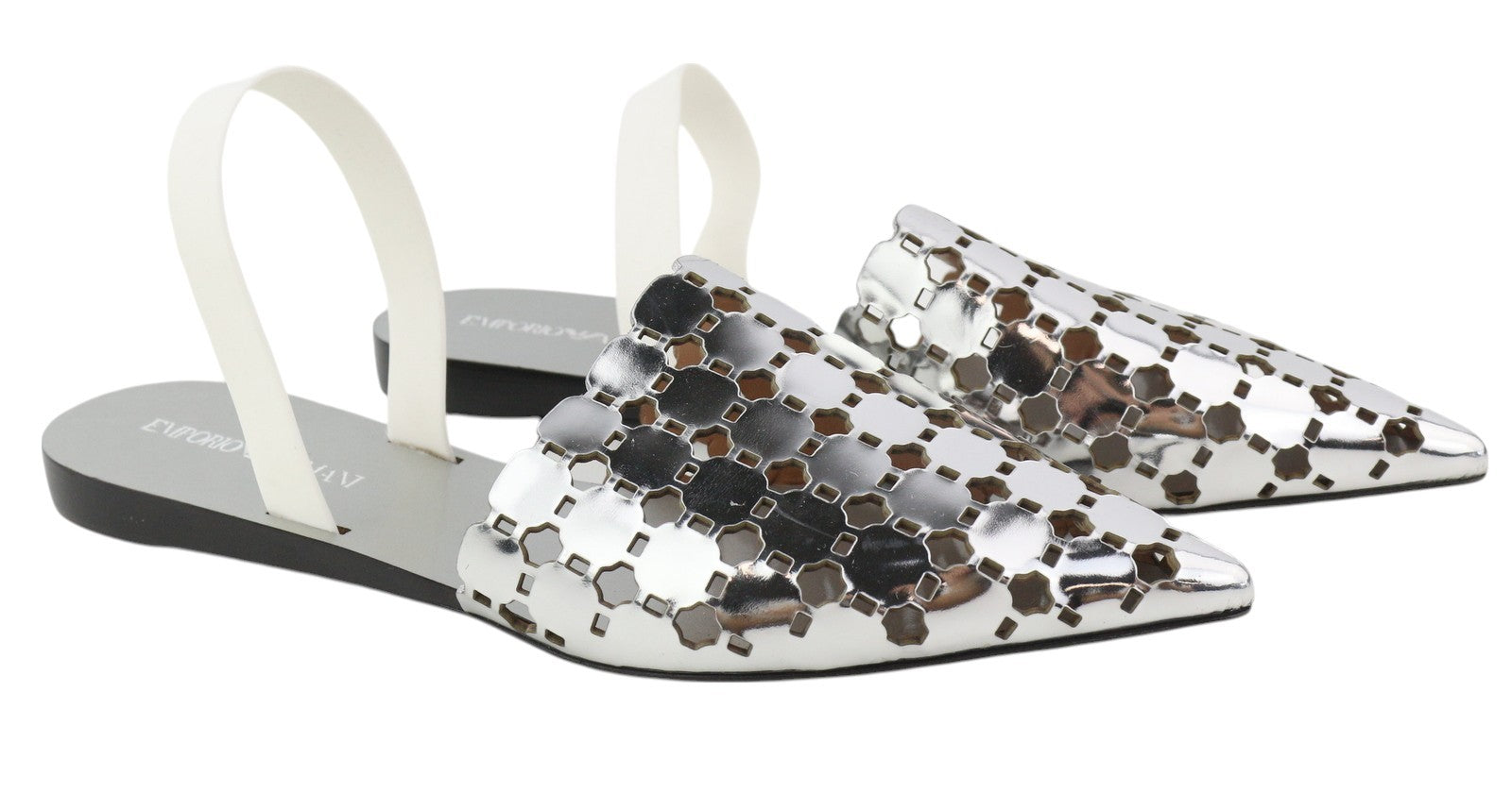 EMPORIO ARMANI X3D255 Women Flats EU37 Silver Shiny Slip On Pointed Toe