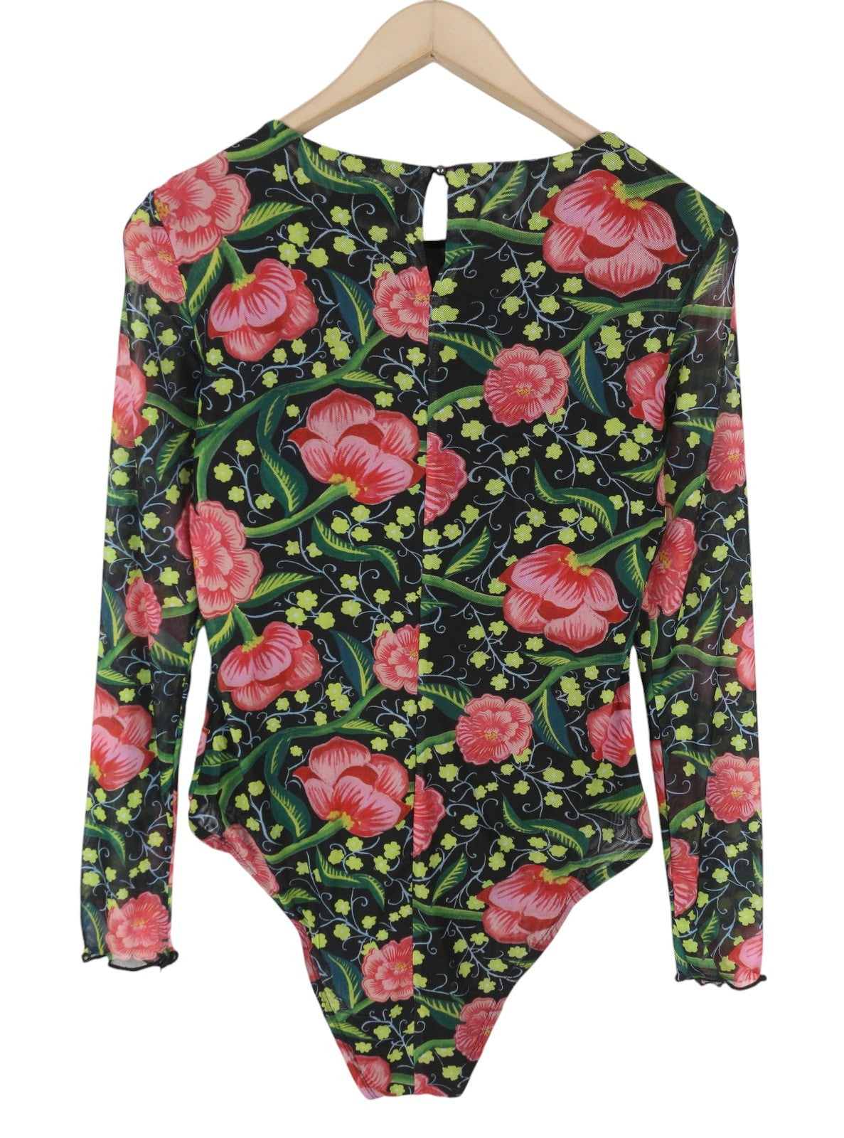 DESIGUAL Sally Women Bodysuit L Long Sleeved Floral Print Slim Fit Mesh