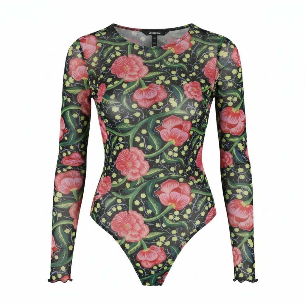 DESIGUAL Sally Women Bodysuit L Long Sleeve Flower Print Slim Fit Mesh