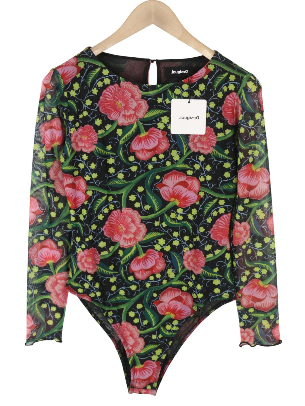 DESIGUAL Sally Women Bodysuit L Long Sleeve Flower Print Slim Fit Mesh