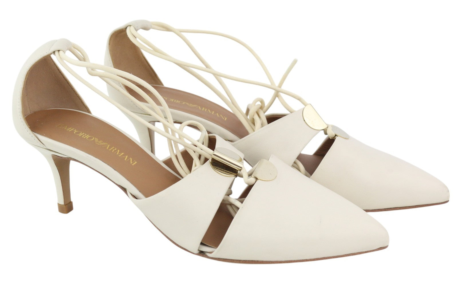 EMPORIO ARMANI Women Heels EU37 White Leather Laced Strap Pumps