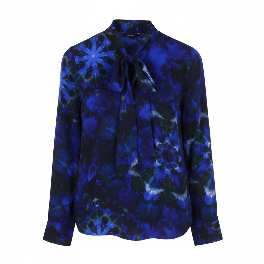DESIGUAL Kency Women Blouse S Blue Tie-Dye Pattern Bow Tie Collar Long Sleeve