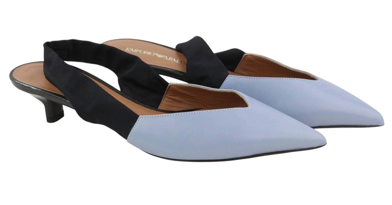 EMPORIO ARMANI Women Heels EU37 Blue Leather Pointed Slip On Logo