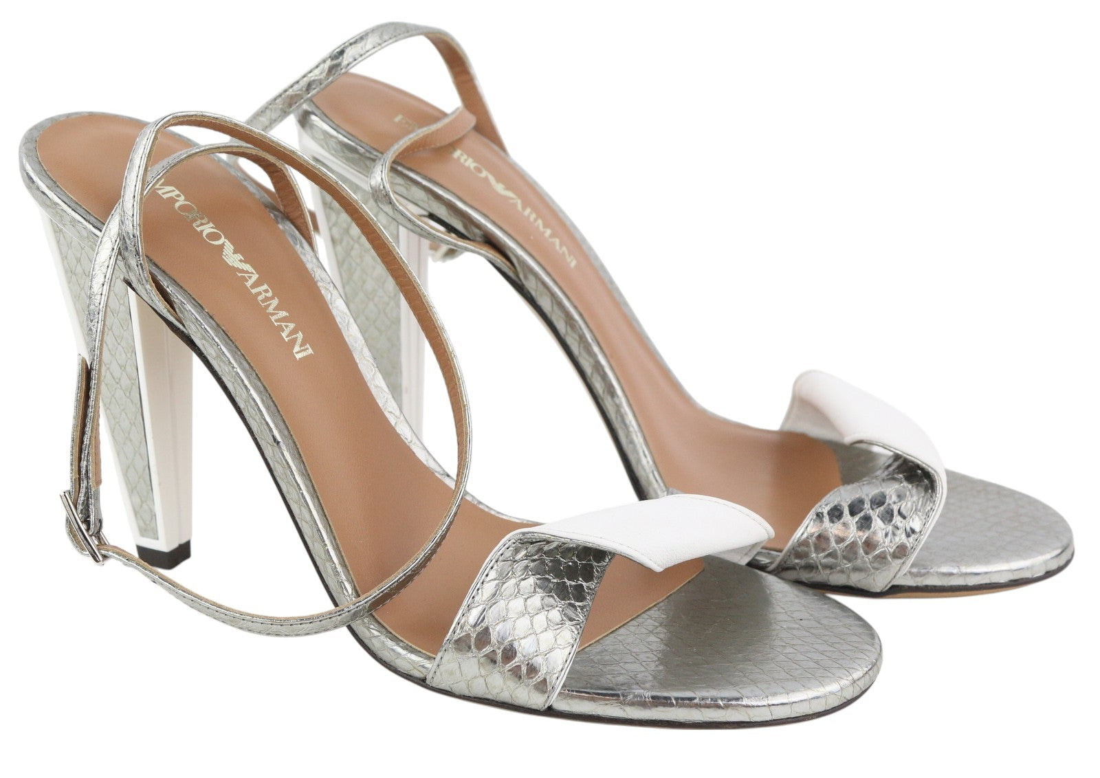 EMPORIO ARMANI Women Heels EU37 Silver Leather Buckle Open Toe Pumps