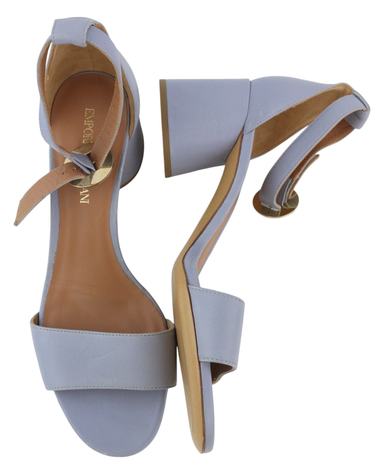 EMPORIO ARMANI Women Heels EU37 Light Blue Leather Logo Buckle Sandals