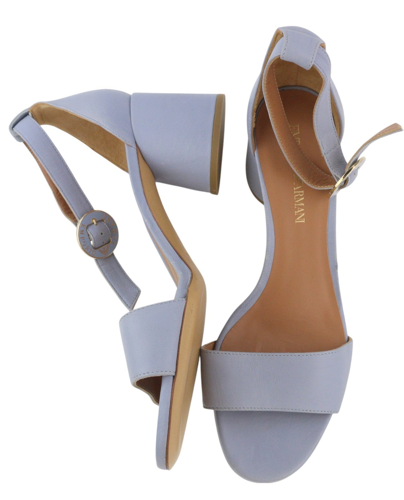 EMPORIO ARMANI Women Heels EU37 Light Blue Leather Logo Buckle Sandals