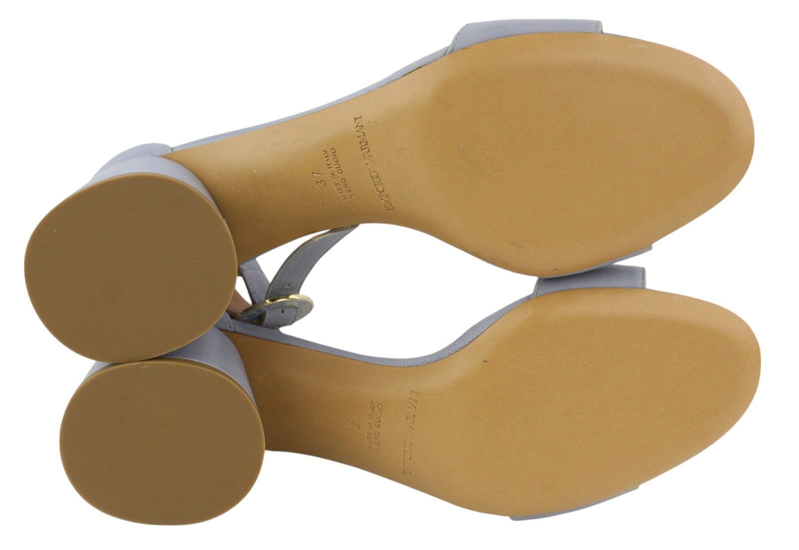 EMPORIO ARMANI Women Heels EU37 Light Blue Leather Logo Buckle Sandals