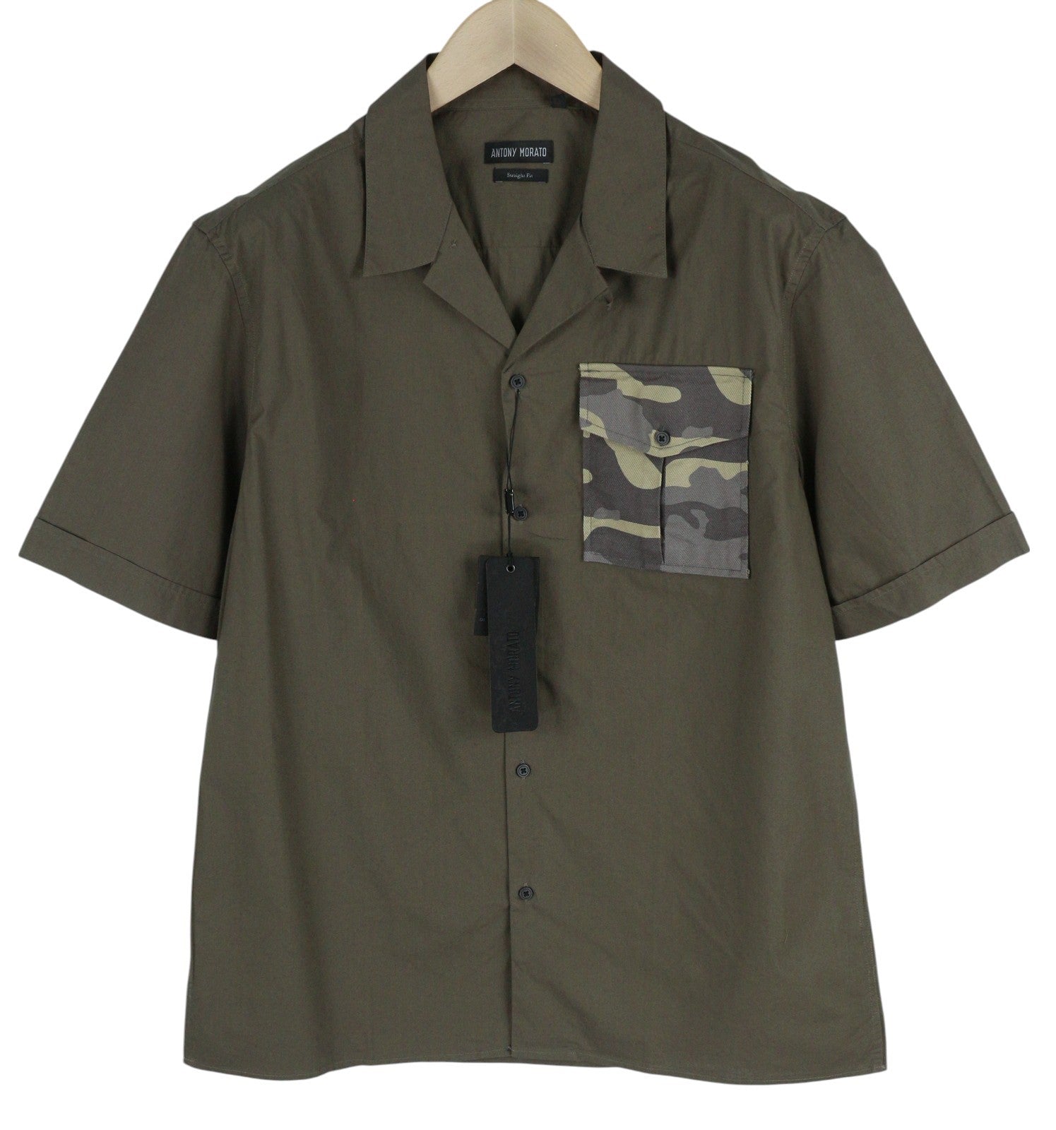 ANTONY MORATO Straight Fit Men Shirt M Army Green Notch Button Short Sleeve