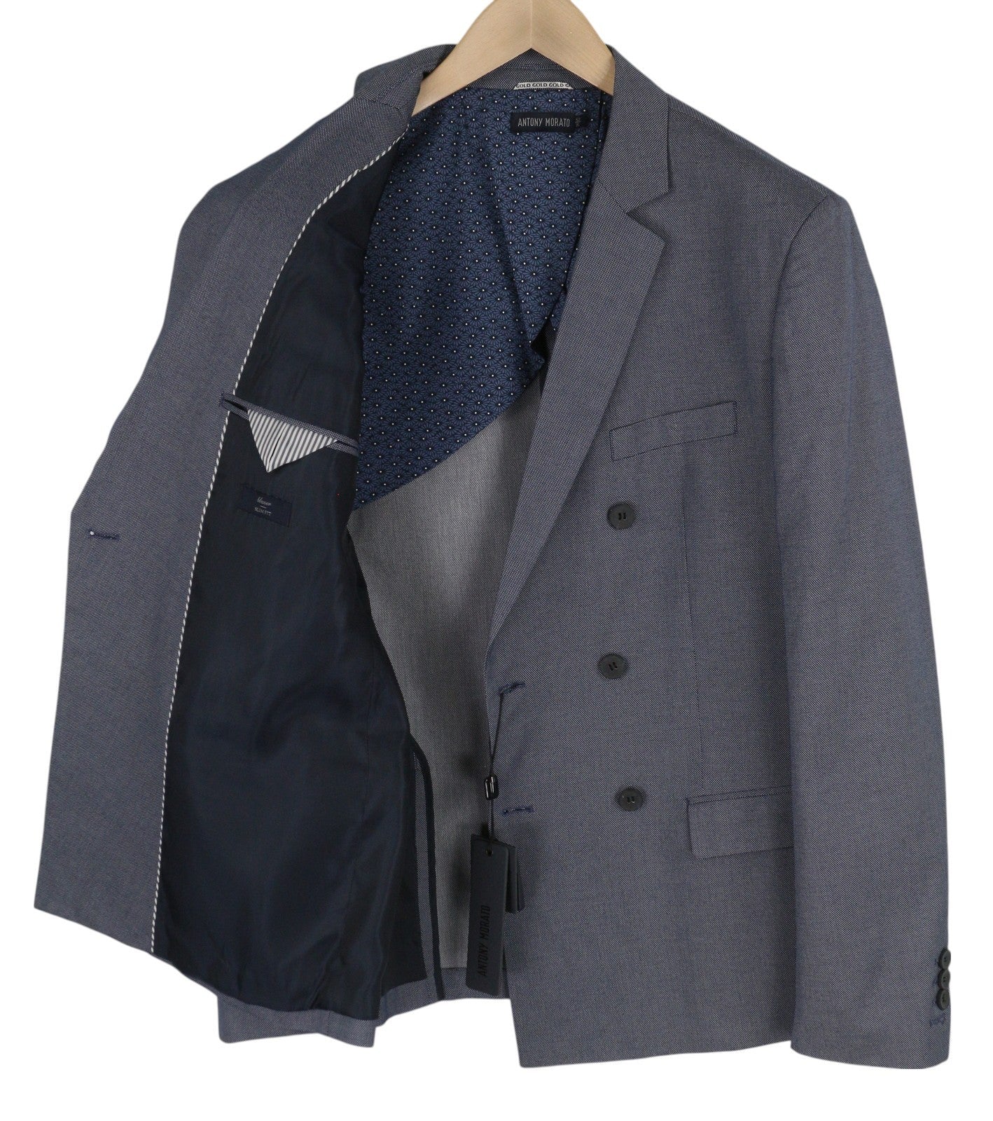 ANTONY MORATO Men Blazer XL Blue Double Breasted Notch Lapel Slim Pattern