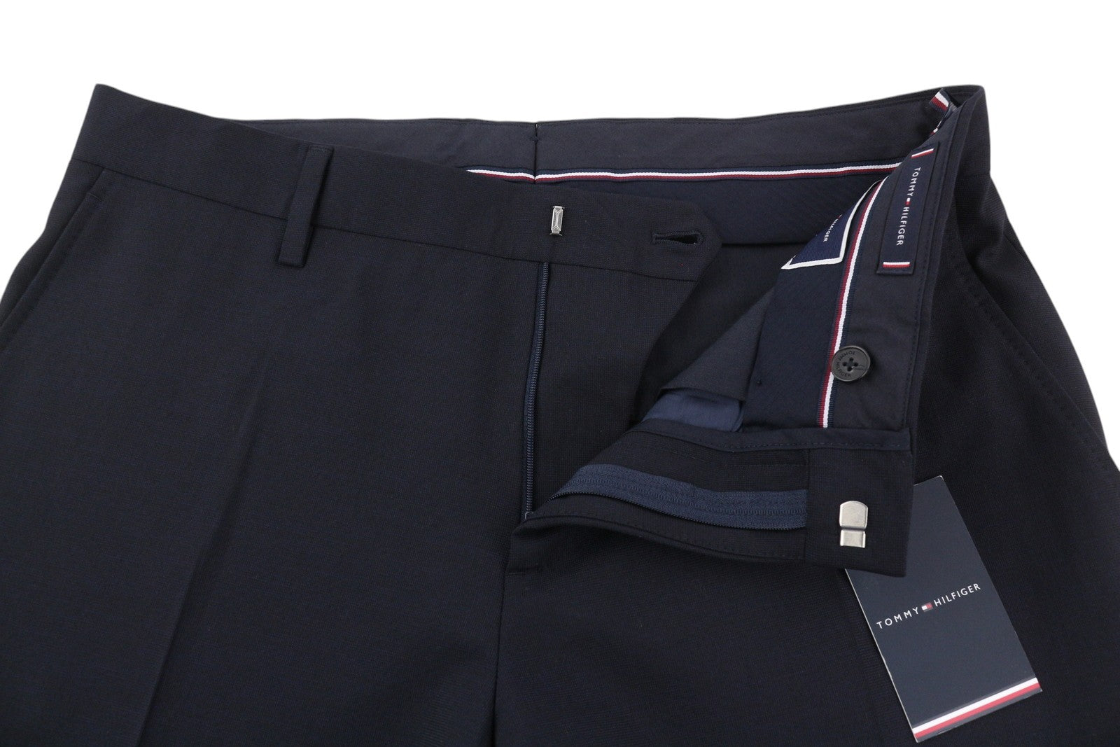 TOMMY HILFIGER Men Trousers W32 48 Dark Blue THFlex Wool Blend Slim Flat Front