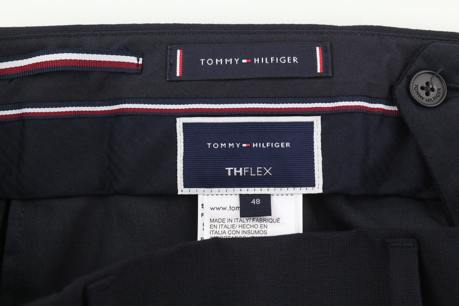 TOMMY HILFIGER Men Trousers W32 48 Dark Blue THFlex Wool Blend Slim Flat Front