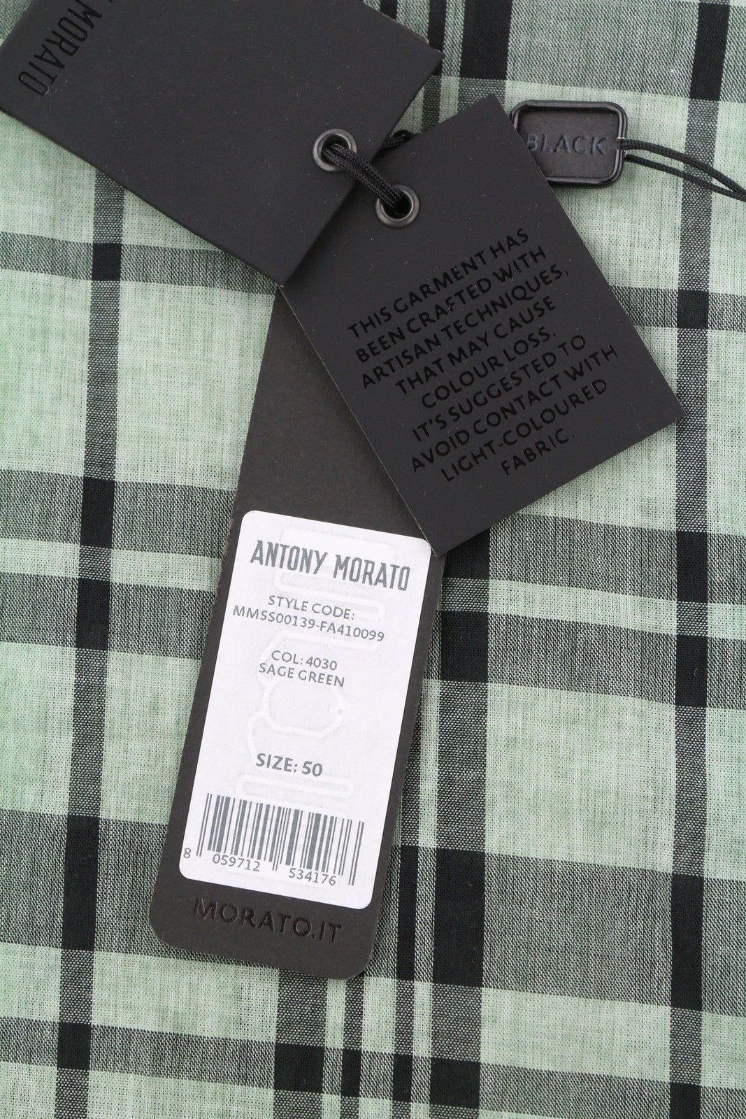 ANTONY MORATO Straight Fit Men Shirt L Green Plaid Notch Button Short Sleeved