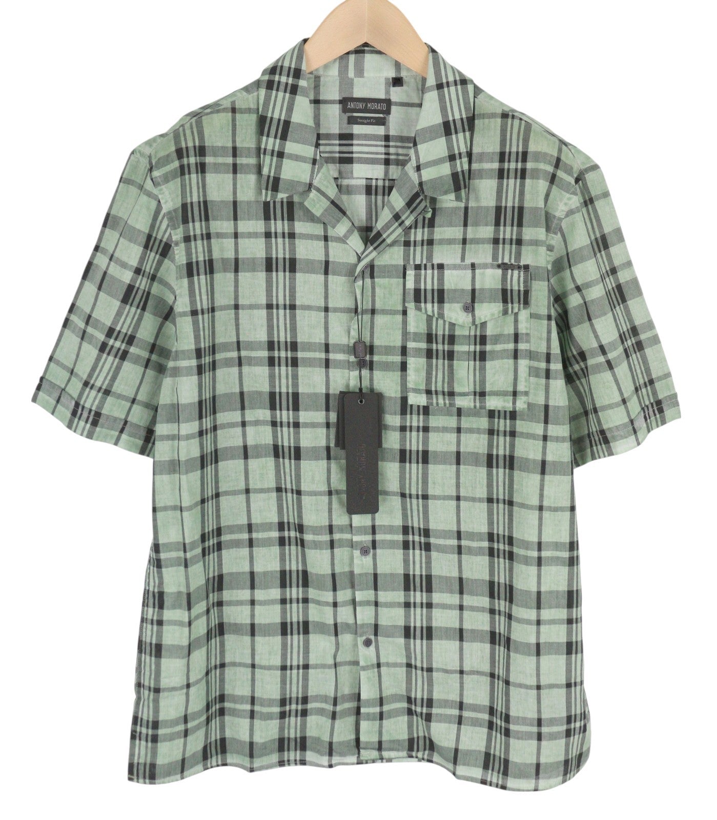 ANTONY MORATO Straight Fit Men Shirt XS Green Plaid Notch Button Short Sleeve