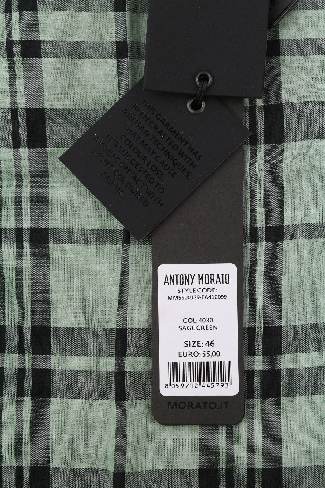 ANTONY MORATO Straight Fit Men Shirt S Green Plaid Notch Button Short Sleeved